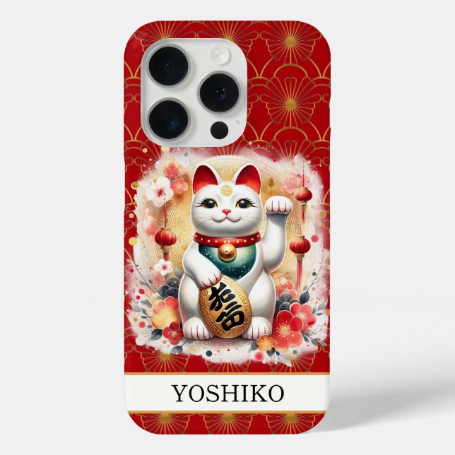Coques Case-Mate iPhone Lucky Cat With Red Flowers Monogrammed (Verso)