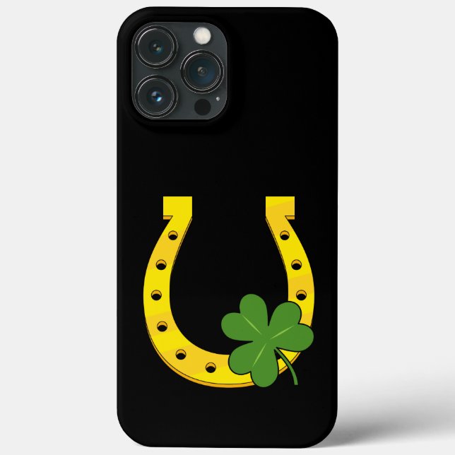 Coques Case-Mate iPhone Lucky Golden Horseshoe avec Shamrock sur noir (Verso)