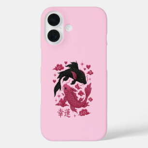 Coque Pour iPhone 16 Lucky Koi Yin-Yang Broderie Esthétique Noir & Ro