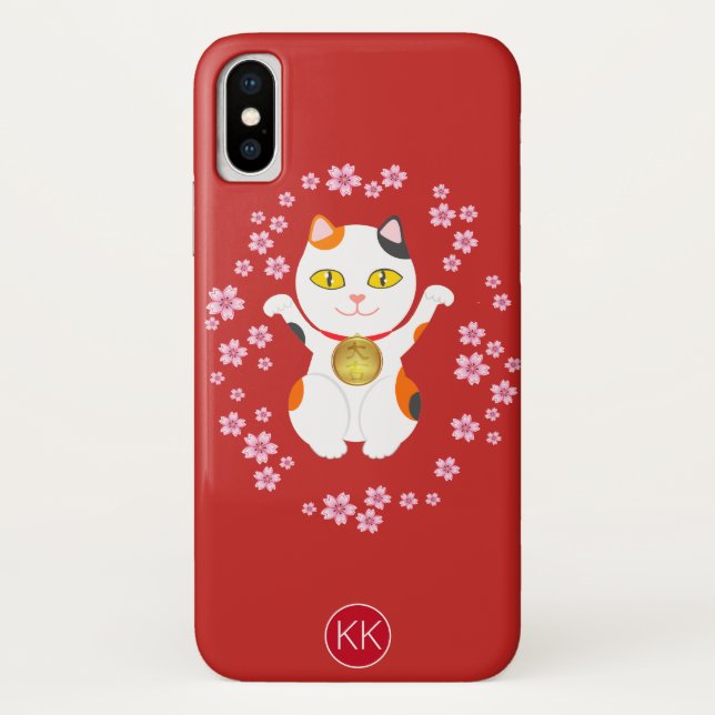 Coques Case-Mate iPhone Lucky Maneki-Neko Chat À Laver Avec Monogramme (Dos)