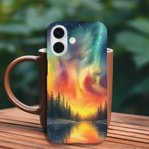 Coque Pour iPhone 16 Lueurs Boréales sur les étoiles du lac