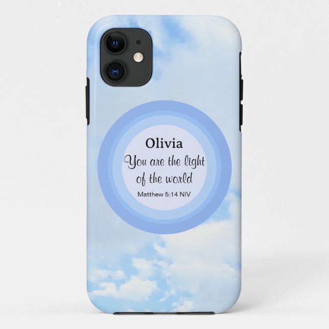 Coques Case-Mate iPhone Lumière du monde Baby Blue Bible Verse Nom (Dos)