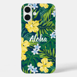 Coque Pour iPhone 16 Plus Luna Hibiscus Garden Hawaiian - Jaune et Marine