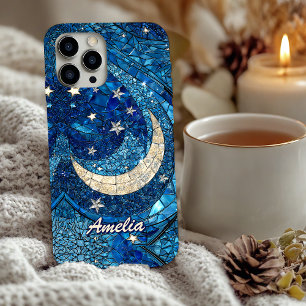 Coque Pour iPhone 16 Lune argentée en verre bleu