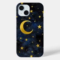 Lune d'or et étoiles sur marbre bleu foncé
