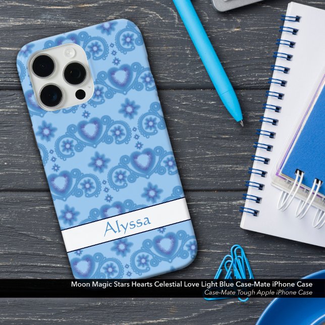 Coques Case-Mate iPhone Lune Magic Stars Coeurs Celestial Amour Bleu clair (Moon Magic Stars Hearts Celestial Love Light Blue Case-Mate iPhone Case)