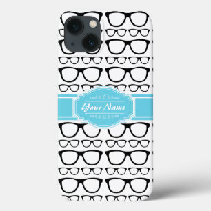 Coque Case-Mate iPhone Lunettes de Geek noir Retro Aqua Nom personnalisé