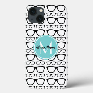 Coque Case-Mate iPhone Lunettes noires monogrammes Aqua Nom personnalisé