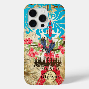 Coque iPhone 15 Pro Lustre Monogramme Fleur de Cerisier Oiseau