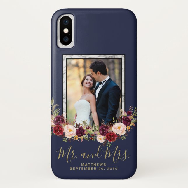 Coques Case-Mate iPhone M. et Mme bleus floraux Wedding Photo de Bourgogne (Dos)