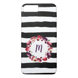 Coque iPhone 8 Plus/7 Plus Macarons Monogramme de couronne noir blanc rayures