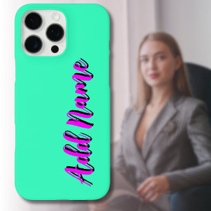 Coque iPhone 16 Pro Max Magenta 3D Noir Moderne Nom Drôle Néon Sarcelle