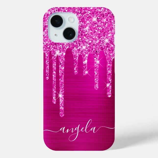 Coques Case-Mate iPhone Magenta Glitter Drips Hot Pink Glam Signature (Verso)