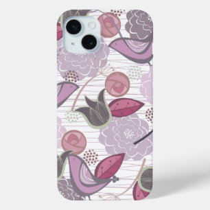 Coque iPhone 15 Mini Magenta Purple Sweet Birds Floral Garden Chic