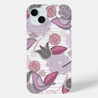 Coque iPhone 15 Mini Magenta Purple Sweet Birds Floral Garden Chic