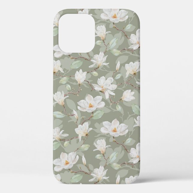 Coques Case-Mate iPhone Magnolia blanche peinte à la main sur Dusty Green  (Verso)