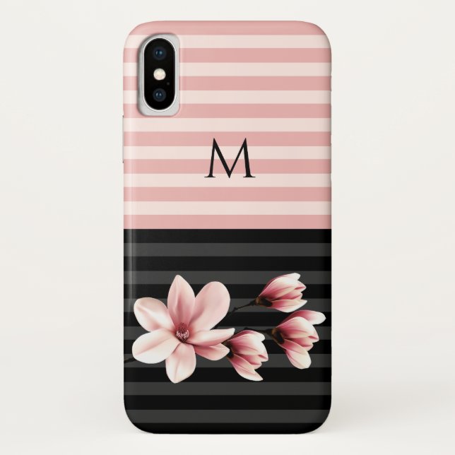 Coques Case-Mate iPhone Magnolias Monogrammées Noires et Rose Pâle (Dos)