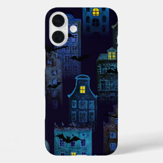COQUE POUR iPhone 16 PLUS MAISONS D'HALLOWEEN SOMBRES NOIR & BLEU ÉPOUVANTAB