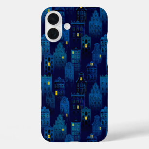 Coque Pour iPhone 16 Plus MAISONS HALLOWEEN SOMBRES NOIR & BLEU ÉPouvantable