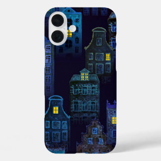 Coque Pour iPhone 16 Plus MAISONS HALLOWEEN SOMBRES NOIR & BLEU ÉPouvantable