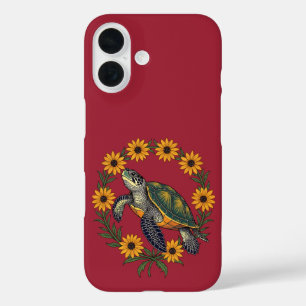 Coque Pour iPhone 16 Malaclemys Tortue et Fleurs de Susan aux Yeux Noir