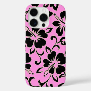 Coque iPhone 16 Pro Malia Hibiscus Hawaïen Floral rose et noir