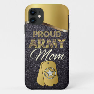 Coque iPhone 11 Maman fière d'armée de cuir et d'or