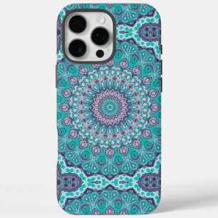 Coque iPhone 16 Pro Max Mandala à l'aquarelle en turquoise et violet