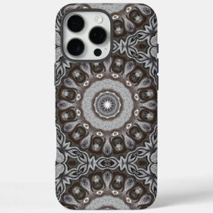 Coque iPhone 16 Pro Max Mandala à motif kaléidoscope marron et argent
