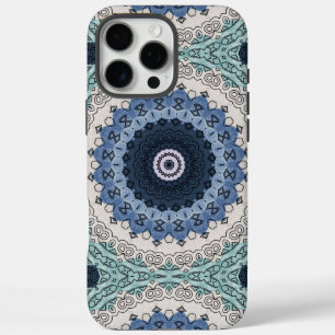 Coque iPhone 16 Pro Max Mandala bleu et Turquoise avec symétrie géométriqu