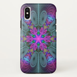 Coque iPhone X Mandala colorée art spirituel fractal avec rose