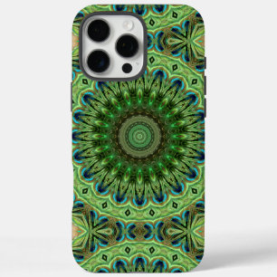 Coque iPhone 16 Pro Max Mandala de plumes de paon Symétrie émeraude et ble