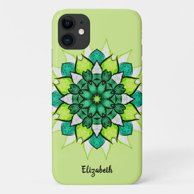 Coques Case-Mate iPhone Mandala fleur Abstraite nom vert (Dos)