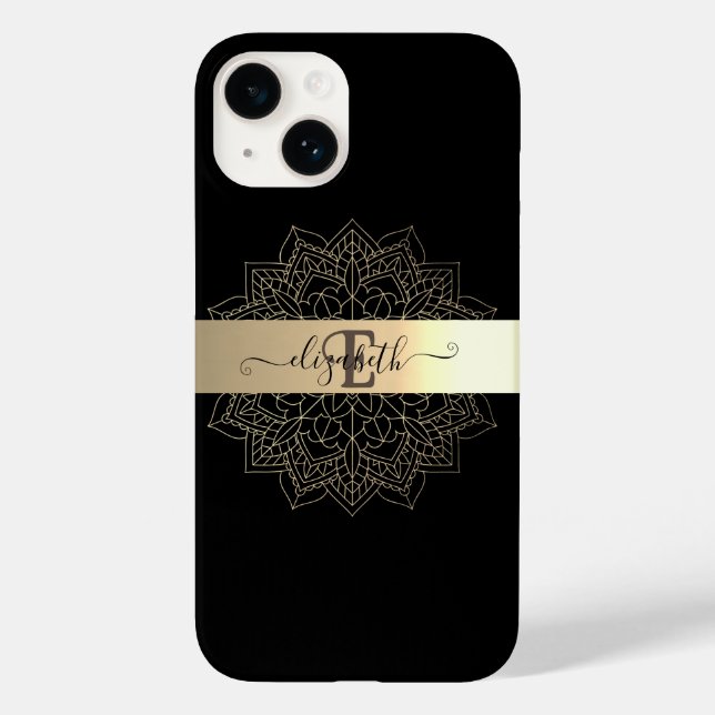 Coques Case-Mate iPhone Mandala Floral à Rayure Noir Or Moderne Élégant (Verso)