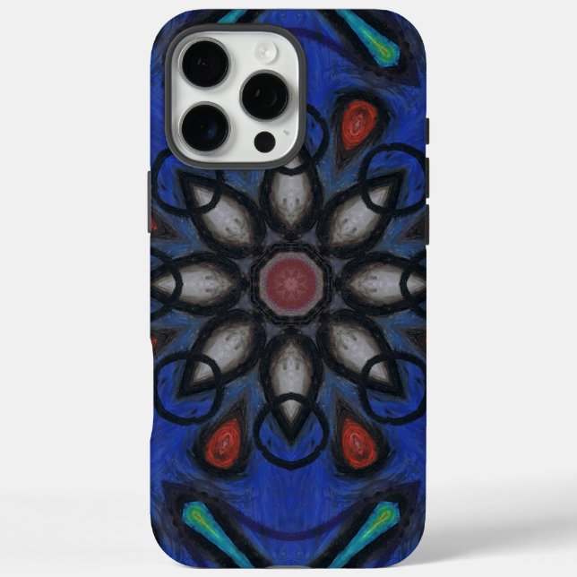Coques Case-Mate iPhone Mandala kaléidoscope bleu avec accents rouges et g (Verso)