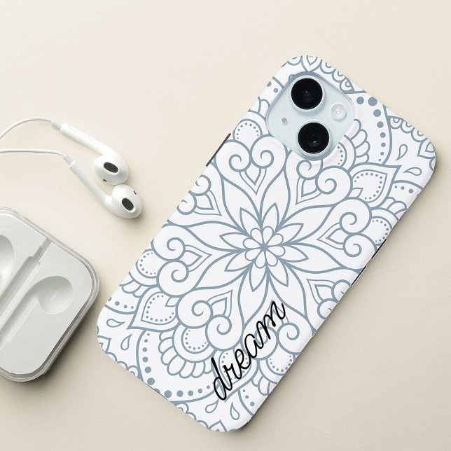 Coques Case-Mate iPhone Mandala Moderne Bleu Poussiéreux Script (Modern Mandala Dusty Blue Script Case-Mate iPhone Case)