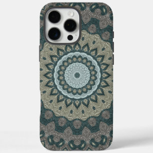 Coque iPhone 16 Pro Max Mandala Taupe et Sarcelle avec Symétrie Tribale