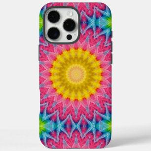 Coque iPhone 16 Pro Max Mandala Tie-Dye Arc-en-Ciel à la Symétrie Vibrante