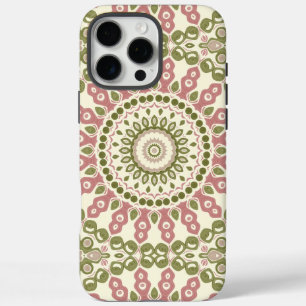Coque iPhone 16 Pro Max Mandala vert et rose motif bohème vintage