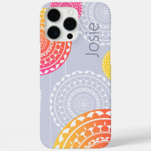 Coque iPhone 16 Pro Max Mandala vibré rose jaune aléatoire sur le nom bleu