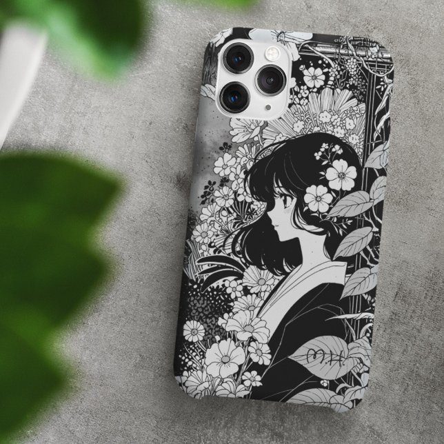 Coques Case-Mate iPhone Manga Girl Floral Black White Monogramme Nom perso (Créateur téléchargé)