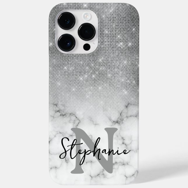 Coques Case-Mate iPhone Marbre à paillettes d'argent en dégradé Monogramme (Verso)