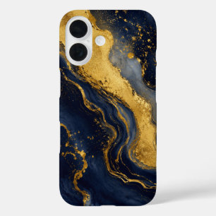 Coque Pour iPhone 16 Marbre Abstrait Fluide Luxe Navy Or Art