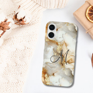 Coque Pour iPhone 16 Marbre Aquarelle Or Gris Blanc Initiale Monogramme