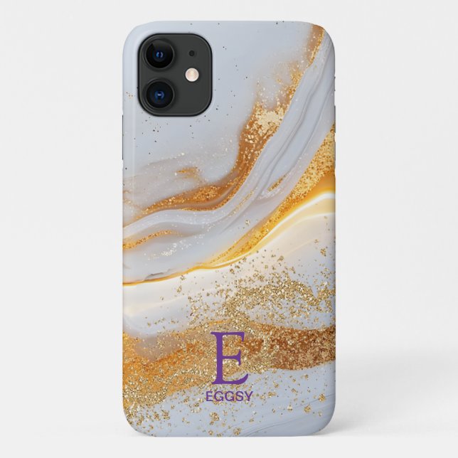 Coques Case-Mate iPhone Marbre blanc chic monogramme paillettes or (Dos)
