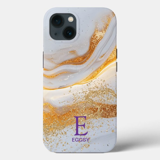 Coques Case-Mate iPhone Marbre blanc chic monogramme paillettes or (Verso)