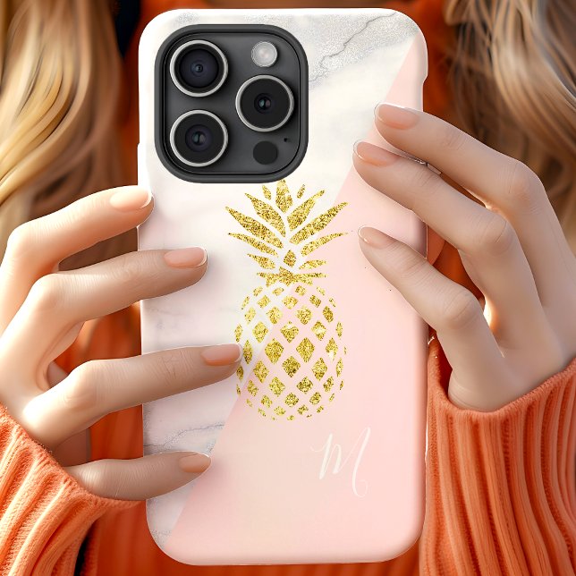Coques Case-Mate iPhone Marbre Blanc Monogramme Pastel Rose Ananas Or (Créateur téléchargé)