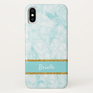 Case-Mate iPhone Case Marbre bleu aqua chic FAUX Bordure et nom pailleté
