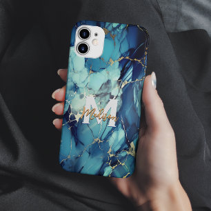 Coque Case-Mate iPhone marbre bleu aqua chic faux paillettes dorées monog