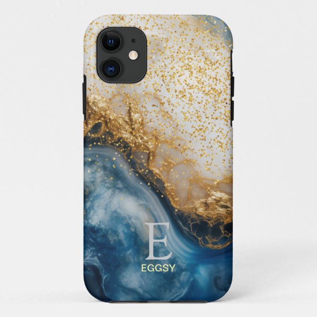 Coques Case-Mate iPhone Marbre bleu chic monogramme paillettes dorées (Dos)
